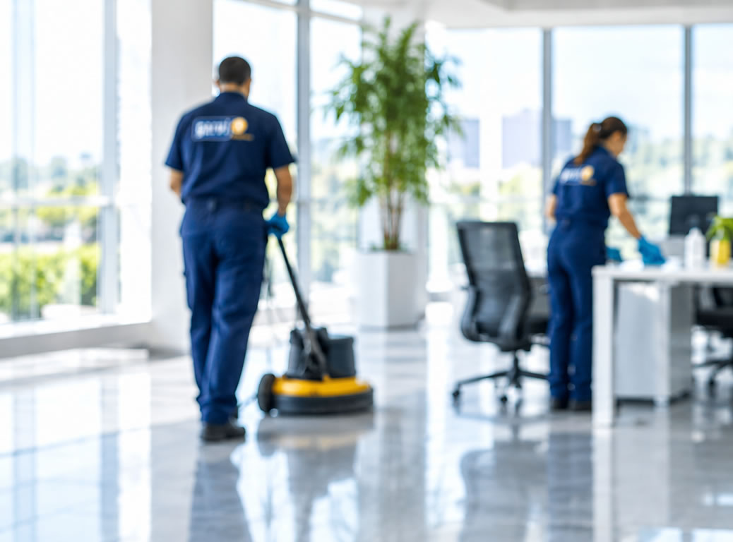 Dos trabajadores de Garvi Limpiezas realizando trabajos de limpieza en una oficina