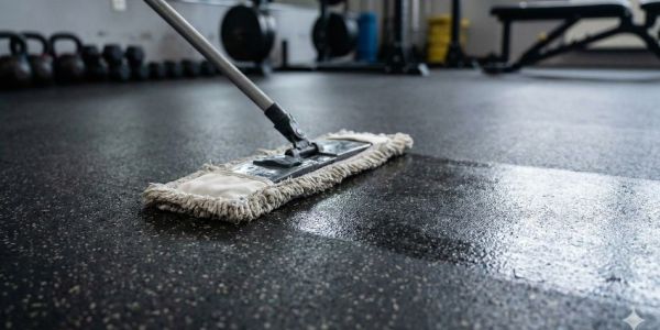 Limpieza del suelo de caucho de un gimnasio con mopa profesional