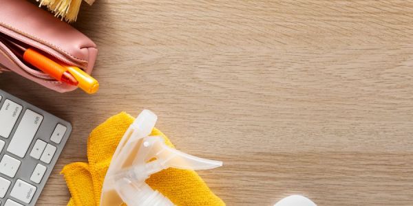 Productos y utensilios para limpiar la oficina antes de vacaciones