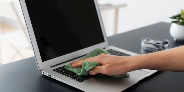Limpieza del teclado y ordenador portátil en un puesto de trabajo