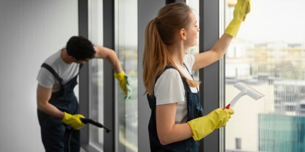 Profesionales limpiando cristales y superficies para mejorar la higiene de una oficina