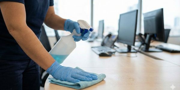 Profesional realizando la limpieza de superficies para eliminar ácaros en una oficina