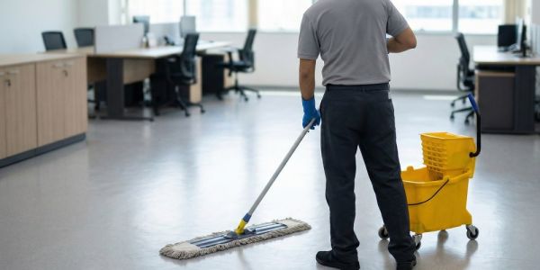 Profesional realizando la limpieza del suelo de una oficina